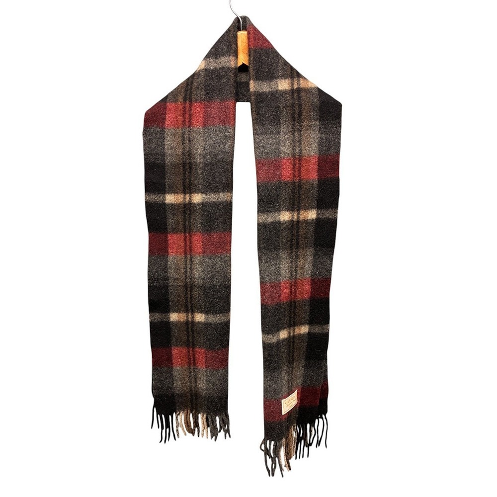 Nina Ricci Paris Plaid Fringe Scarf Womens OS Red Gray Wool Vintage Luxury